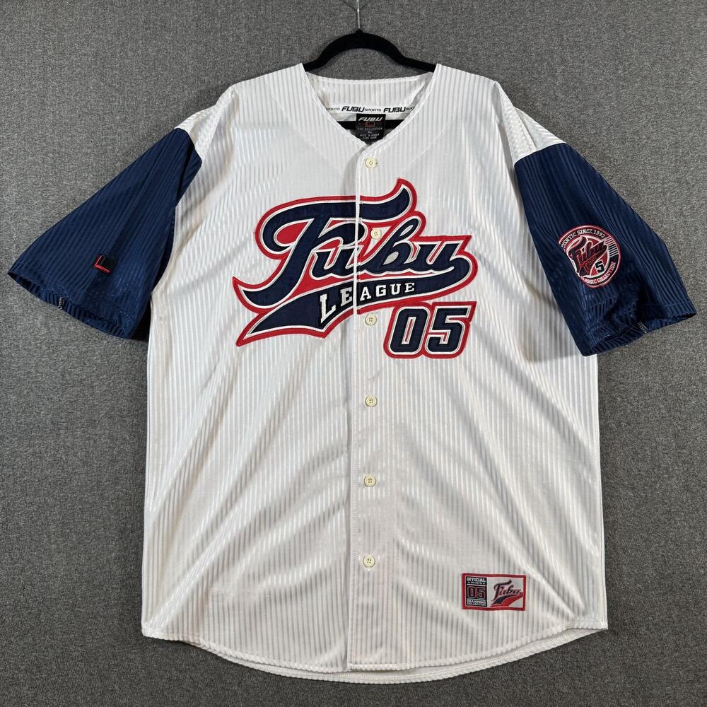 Vintage FUBU Baseball Jersey Mens XL White Navy Sleeves Striped Champion league